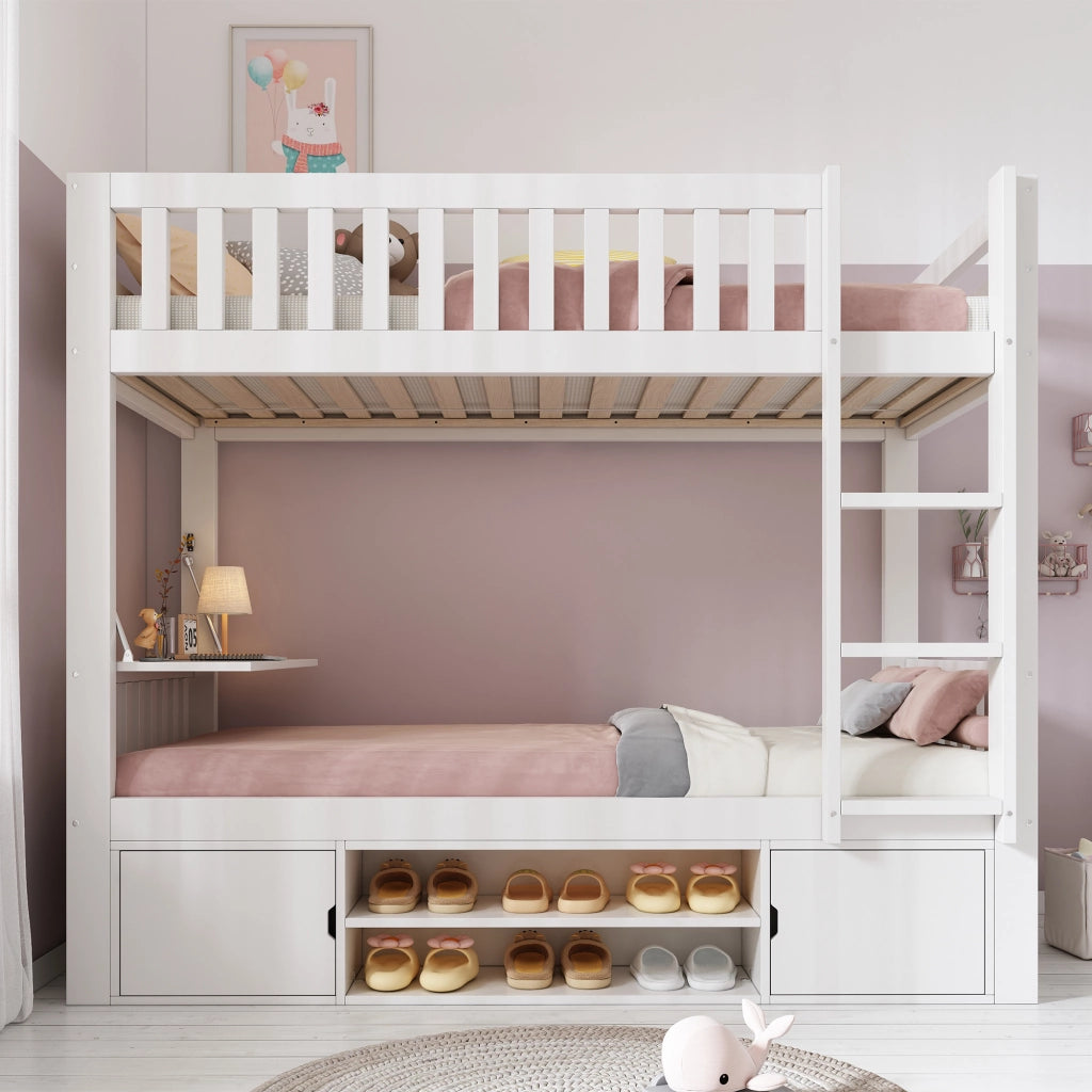 Letto a castello per bambini 90 × 200 cm con tavolo pieghevole, scarpiera e armadi, senza materasso