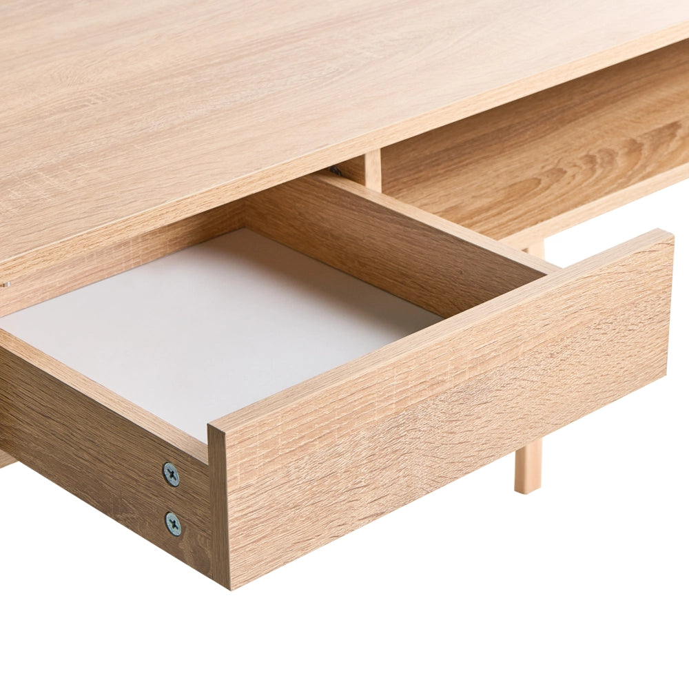 Scrivania da ufficio per casa in truciolato marrone chiaro con gambe in ferro 107 x 48 cm con ripiano e cassetto Minimalista