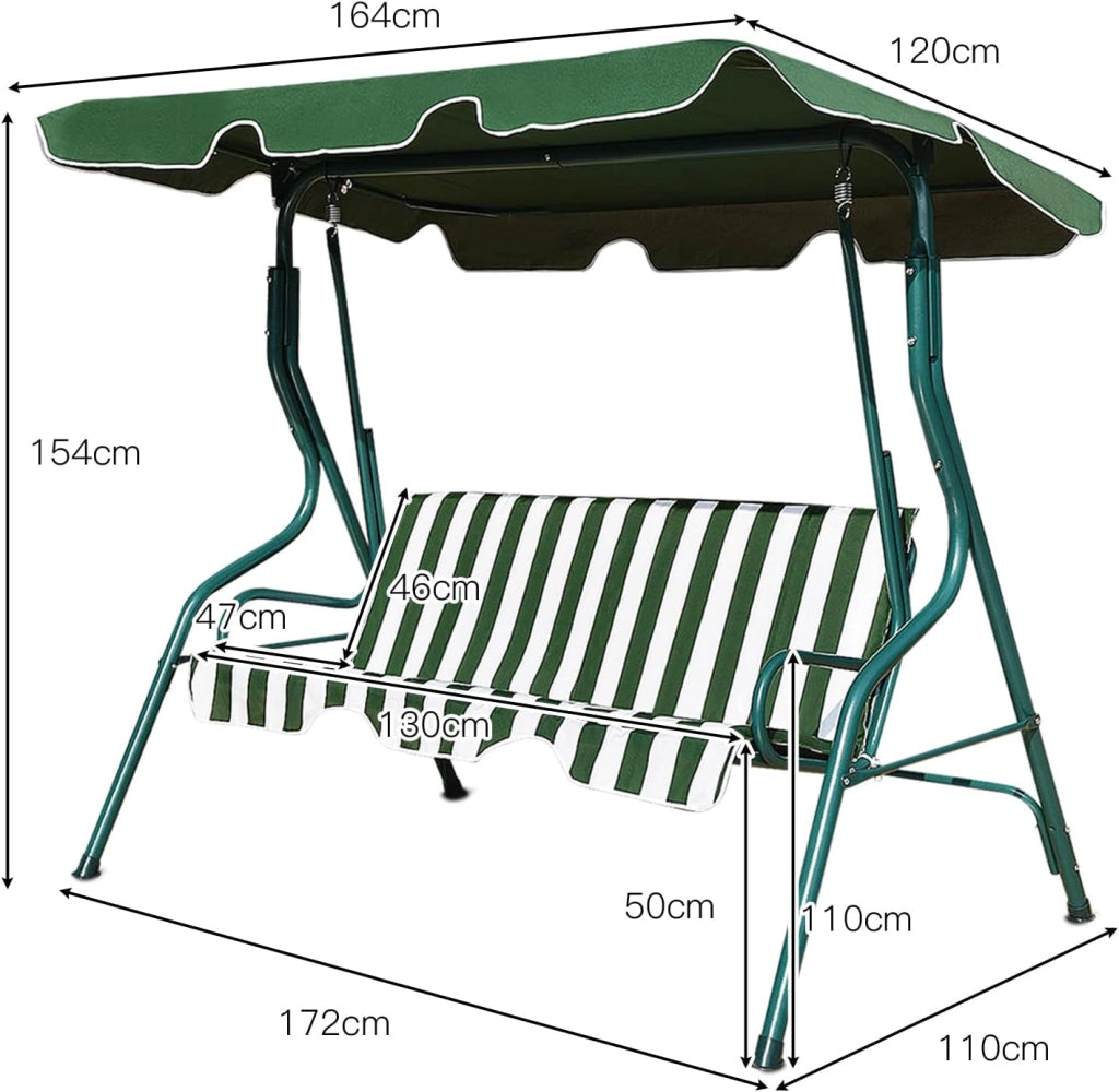 Dondolo da Giardino 3 Posti, Dondolo da Esterno in Metallo con Tetto Parasole Regolabile e Schienale, Dondolo da Balcone, per Patio, Terrazzo, Balcone, 172 x 110 x 154 cm (Verde)