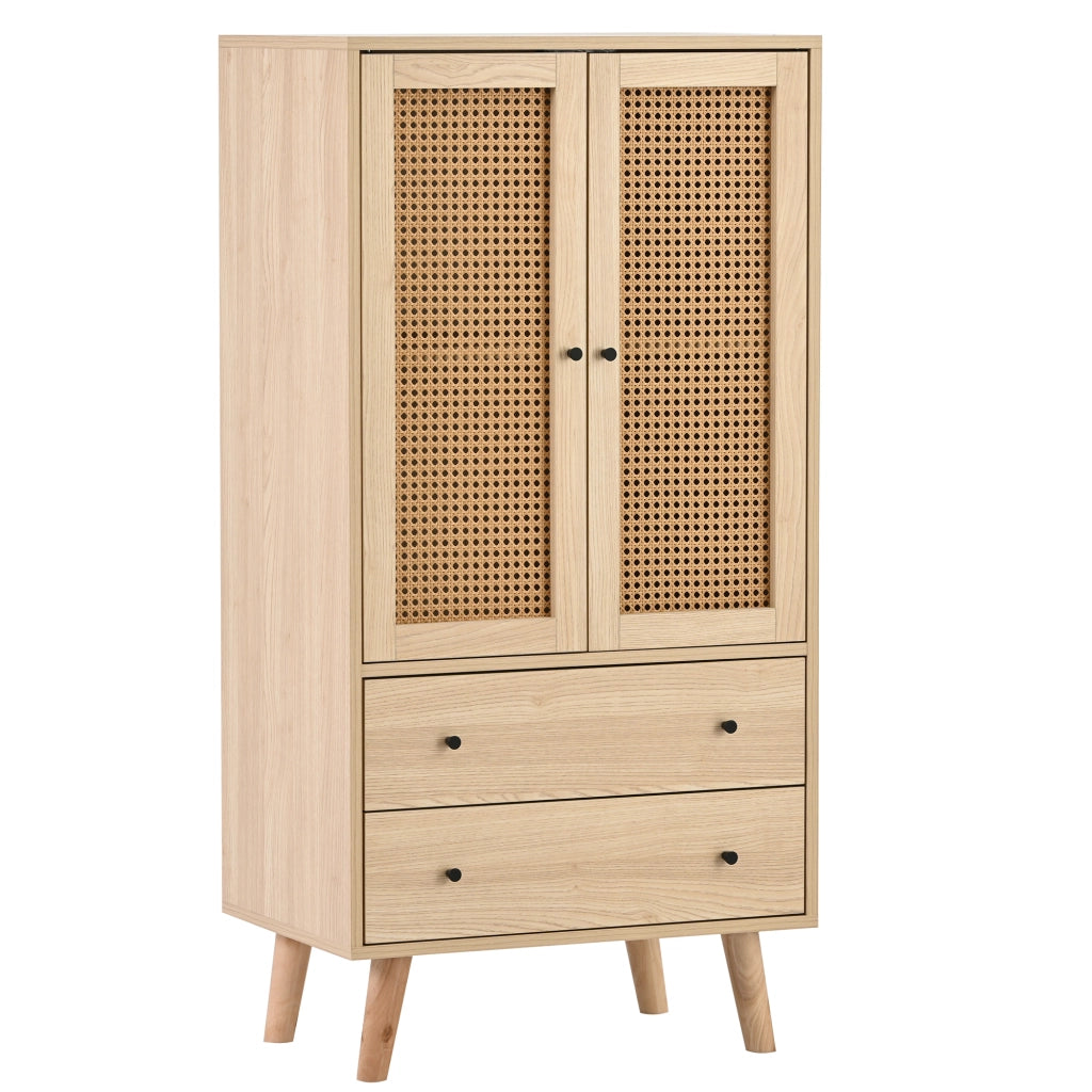 OKWISH Credenza con 2 Ante e 2 Cassetti, Frontali in Rattan, Stile Moderno, per Soggiorno, 60 x 40 x 120 cm, Rovere
