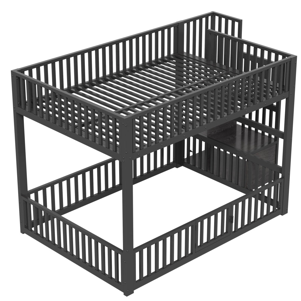 Letto a castello basso 140x200 cm con scala contenitore e LED; nero