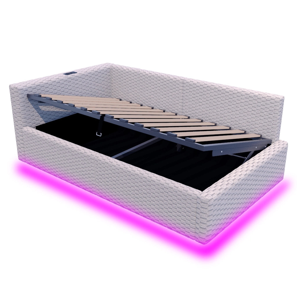 Letto imbottito singolo 90×200 cm con contenitore; LED; USB e Type-C; senza materasso; velluto grigio