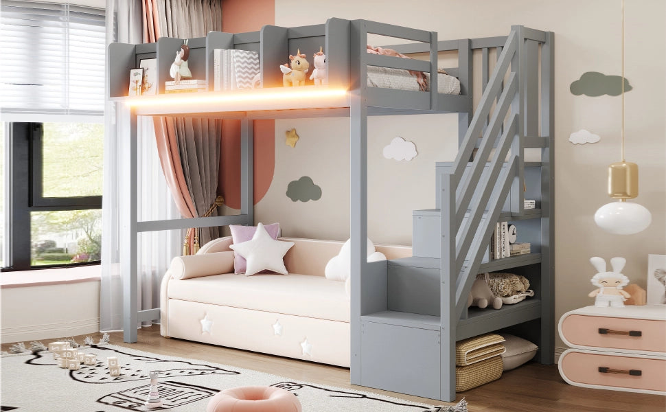 Letto a soppalco 90 × 200 cm con barriera di sicurezza, ripiani e LED, senza materasso, in legno grigio