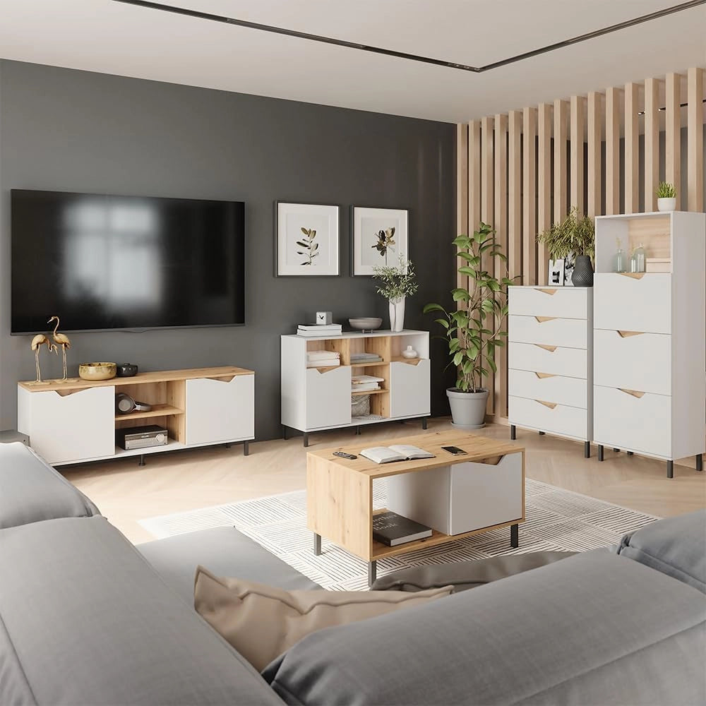 Credenza Marelle, Bianco/Artisan, 60 x 169.5 cm con 4 scomparti, per la conservazione di abbigliamento e oggetti per la casa