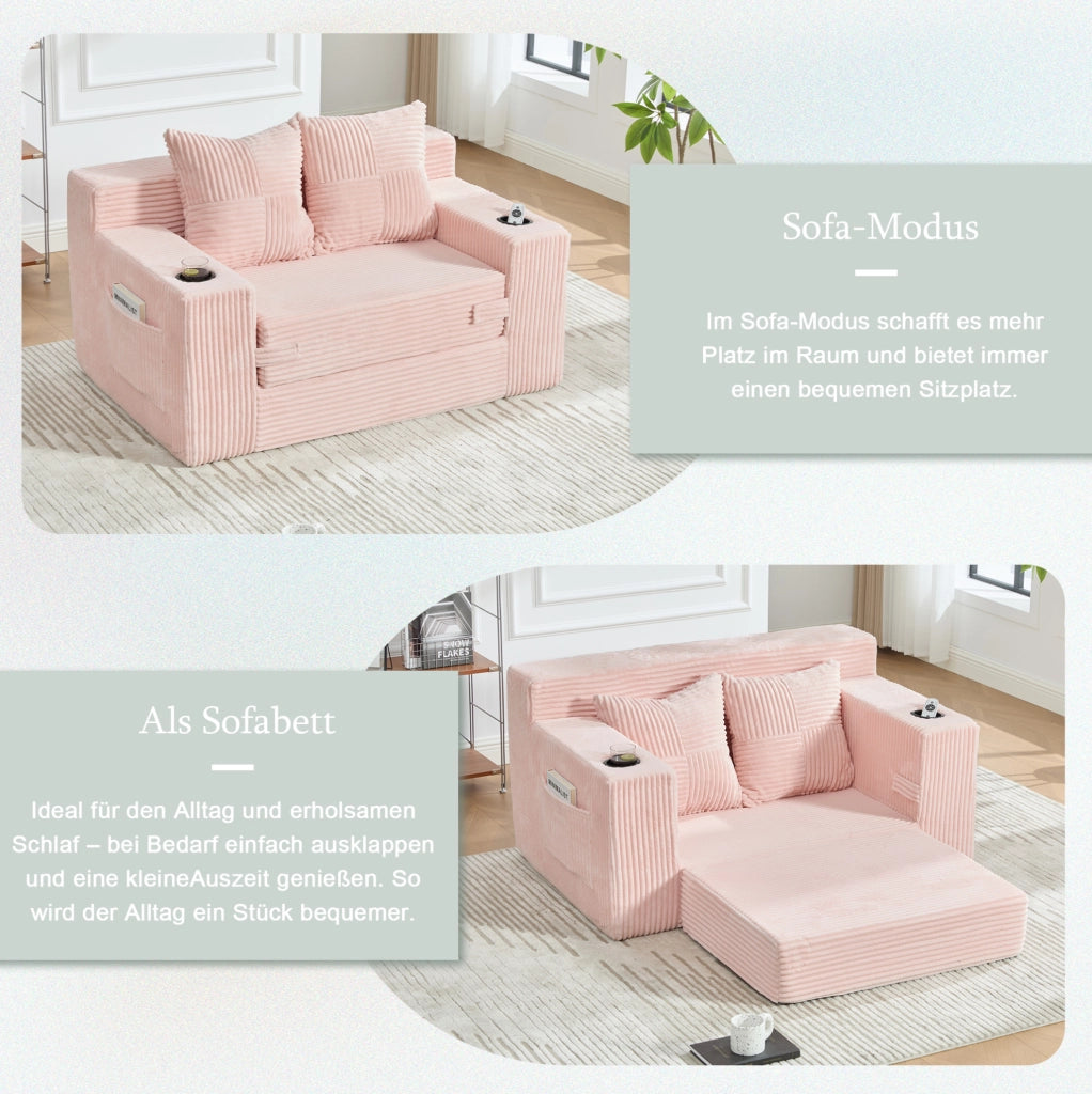 Divano pouf in velluto a coste rosa con tasche laterali e 2 cuscini; 151 × 133 × 64 cm