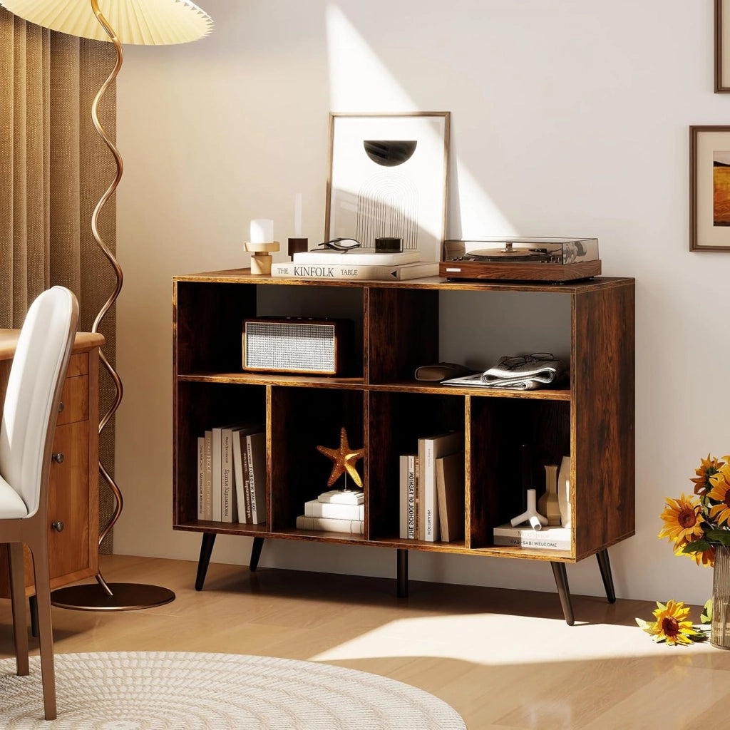 Supporto per giradischi in vinile, con ampio piano di lavoro, 6 scomparti, armadio a dischi in vinile, con kit anti-ribaltamento e piedini antiscivolo, per soggiorno, camera da letto (marrone)