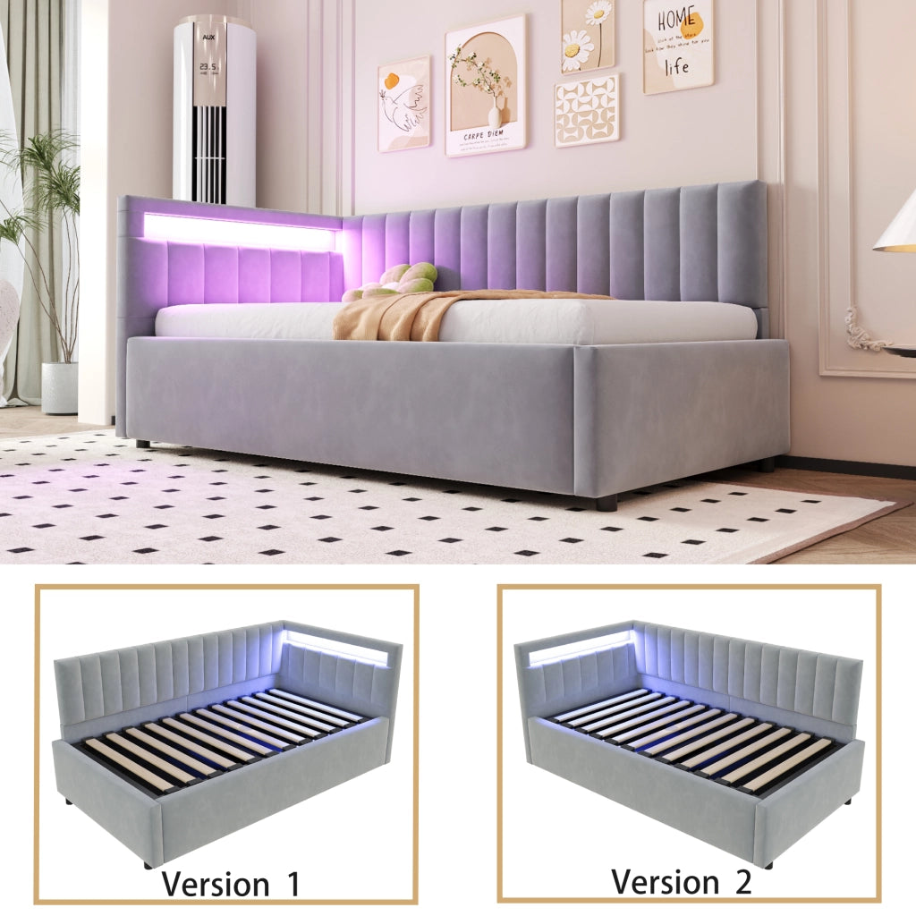Letto imbottito singolo 90×200 cm con LED; contenitore idraulico e rete; senza materasso; velluto; grigio