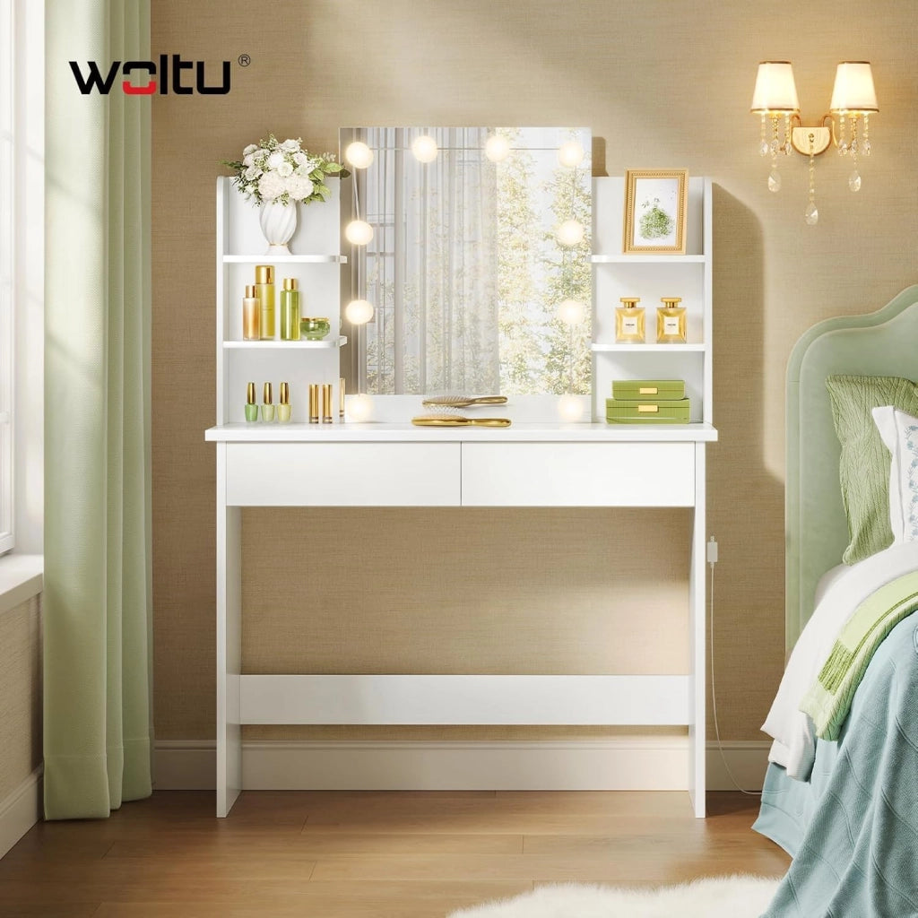 Postazione Trucco, Toeletta Trucco con Luci, Toeletta Trucco,Scrivania con Specchio e 10 Lampadine LED Dimmerabili,2 Cassetti e 4 Ripiani,Comò per Camera da Letto in Legno, Bianco, 90x40x135cm