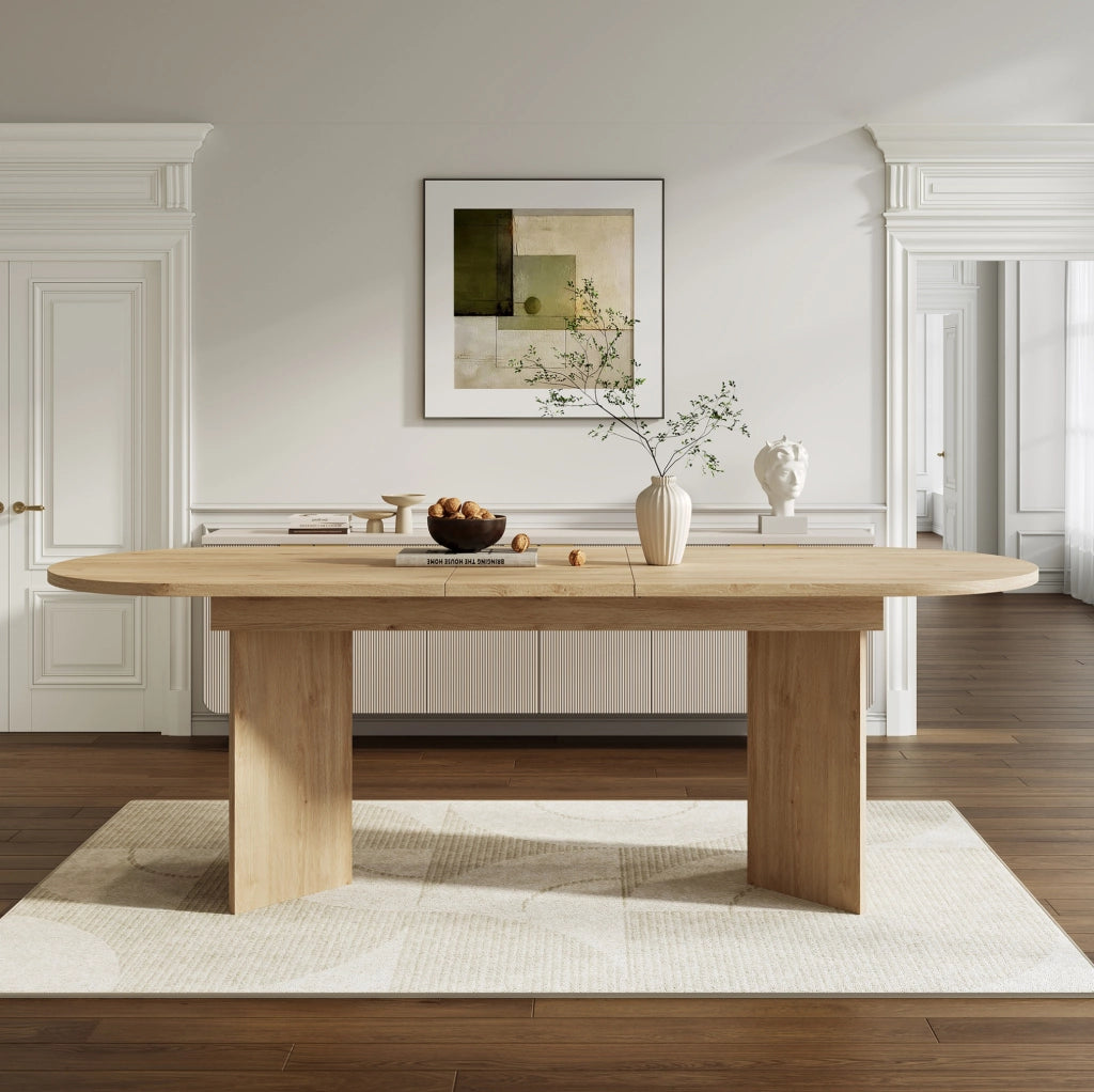 Tavolo da pranzo allungabile in MDF colore rovere; piano spesso 18 mm; 4-8 posti