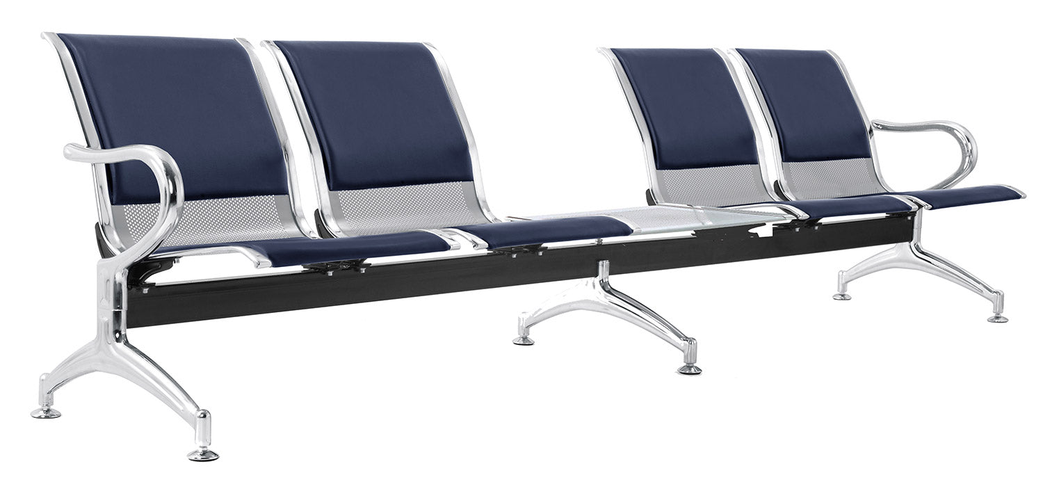Panca per Sala Attesa 4 Posti da Ufficio con Cuscino e Tavolino in Acciaio e Similpelle Argento/Blu