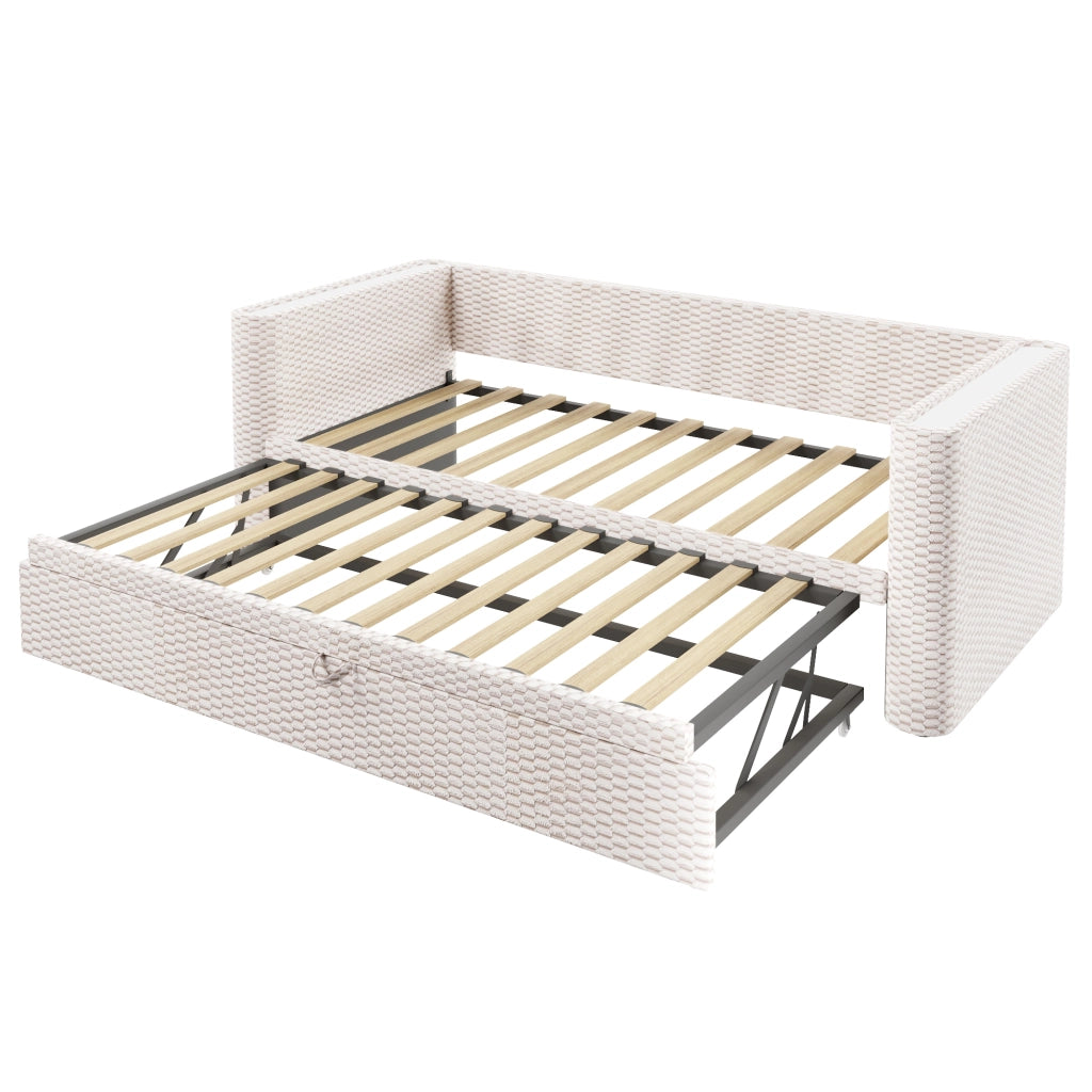 OKWISH Letto a Scomparsa 90×200 cm, Letto Singolo con Led Multicolore, Convertibile 180×200 cm, senza Materasso, in Velluto, Beige