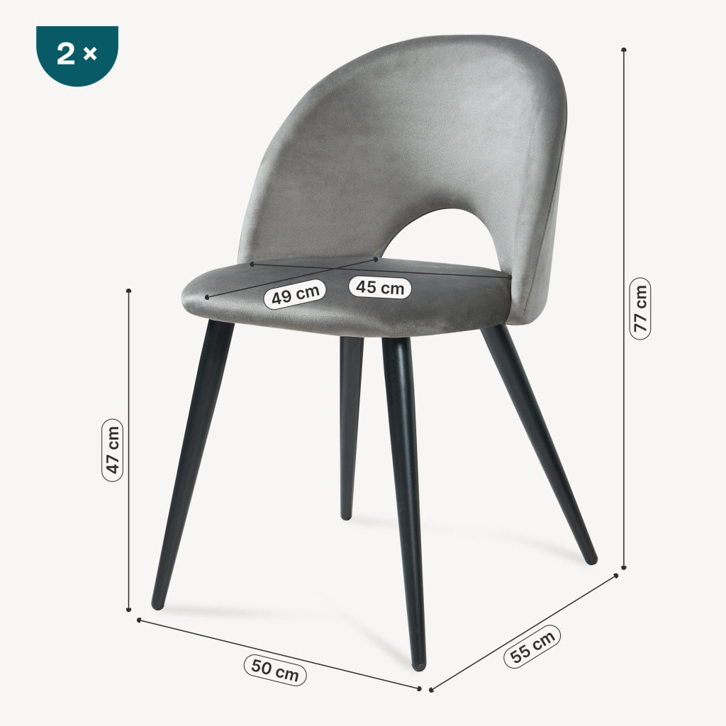 Set Karijoki di 2 Sedie Imbottite da Sala Pranzo Effetto Velluto - Grigio / Nero [en.casa]