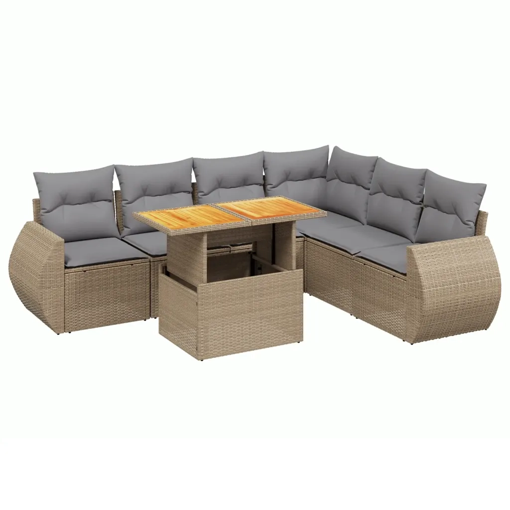 Set Divani da Giardino 7 pz con Cuscini Beige in Polyrattan