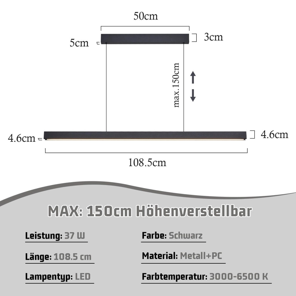 Lampada a sospensione ZMH lineare nera da 108 cm per sala da pranzo, dimmerabile, per bar della cucina