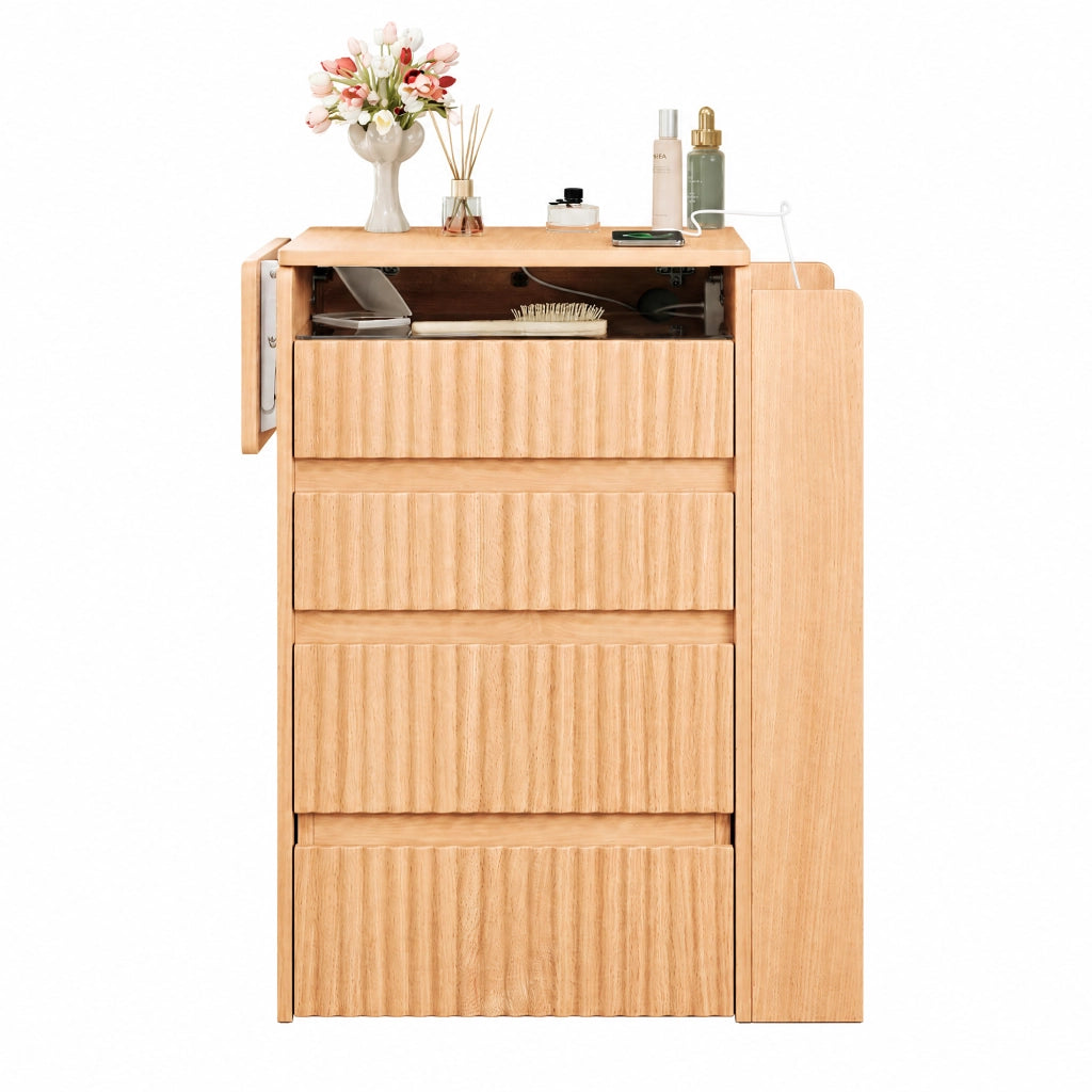 Tavolo da trucco con specchio LED pieghevole, 2 prese, USB e Type-C, sgabello con ruote, 3 cassetti e piano laterale richiudibile, 79 x 120 x 40 cm