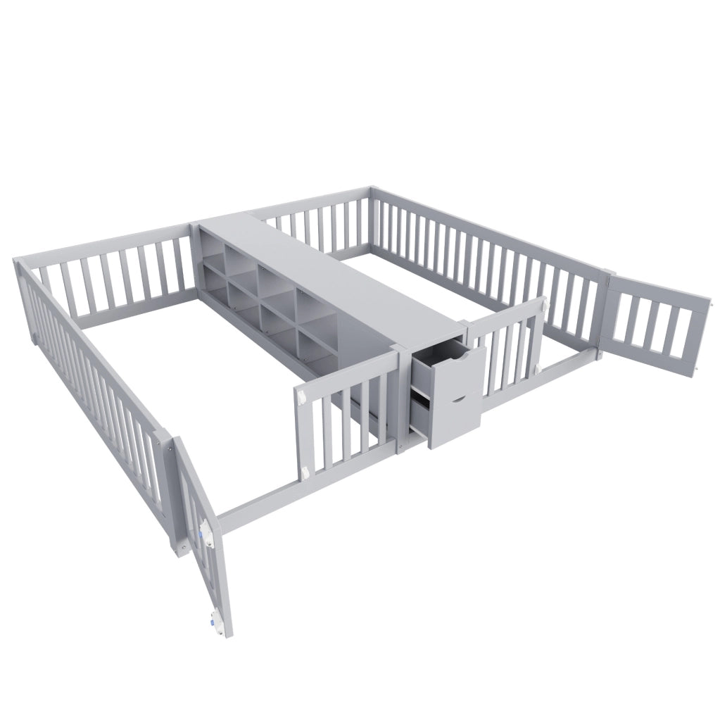 Letto doppio per bambini 2x90x200 cm con cassetti e ripiani in pino; compensato e MDF grigio