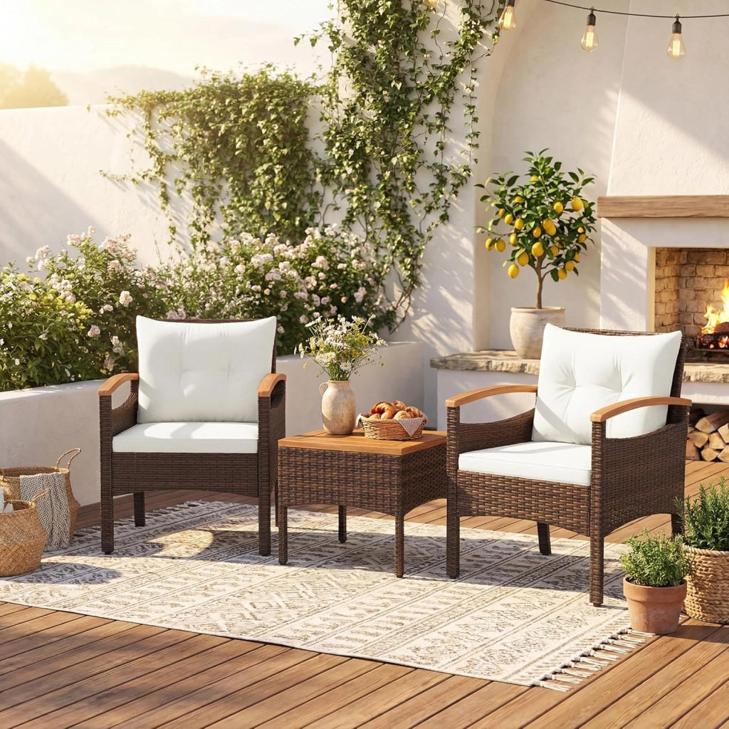 Set di Mobili a 3 Pezzi, Set da Bistrot in Rattan per Esterni con Tavolino, Cuscini Morbidi, Set da Conversazione in Legno d'Acacia per Patio, Cortile, Bordo Piscina (Bianco)