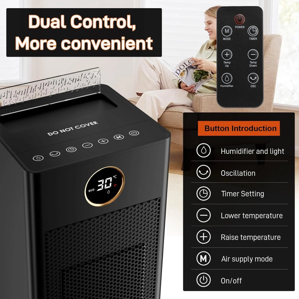 Termoventilatore piccolo con funzione di umidificazione e luce ambientale, 2000 W, riscalda rapidamente, silenzioso, timer 12 ore, 3 modalità, protezione antiribaltamento, riscaldamento elettrico con