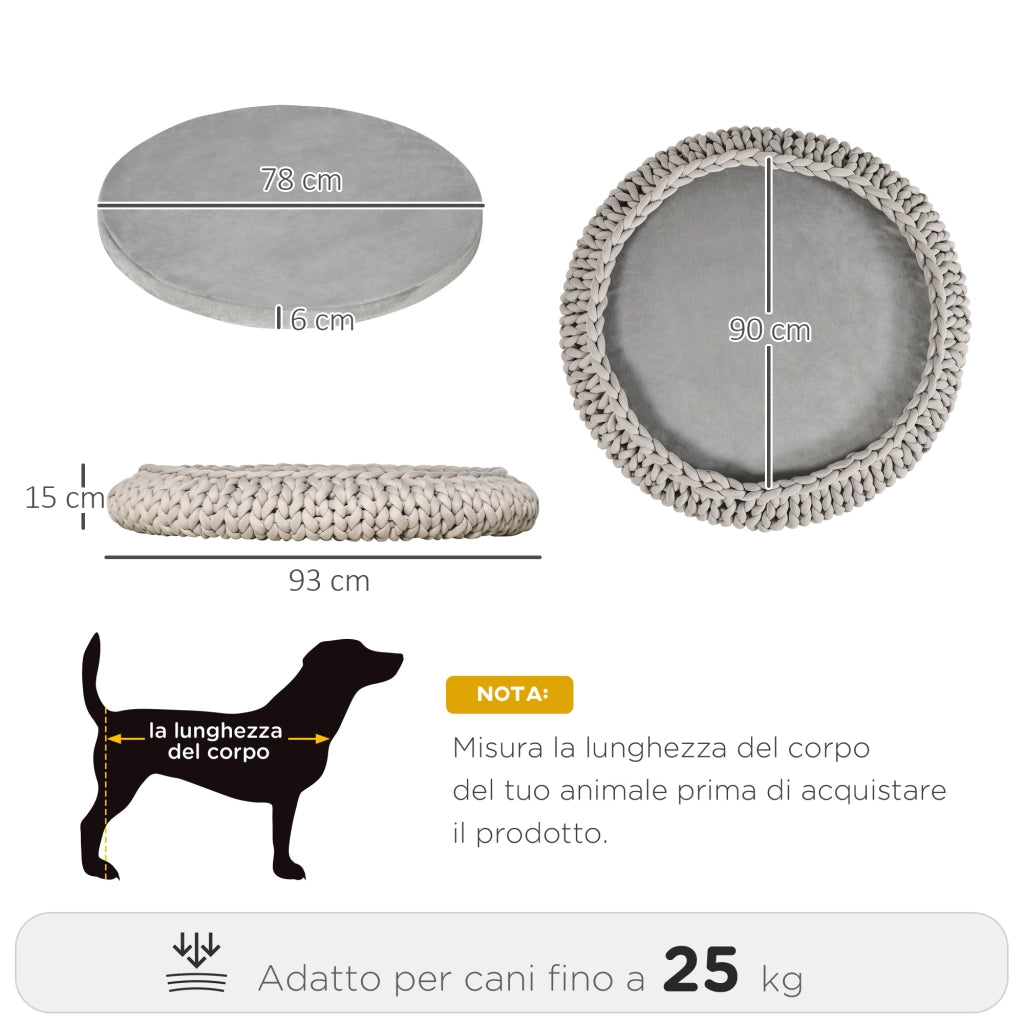 Cuccia per Cani e Gatti Rotonda con Bordi Rialzati e Cuscino, Lettino per Cani Imbottito Effetto Velluto, ¦µ93x15cm, Grigia