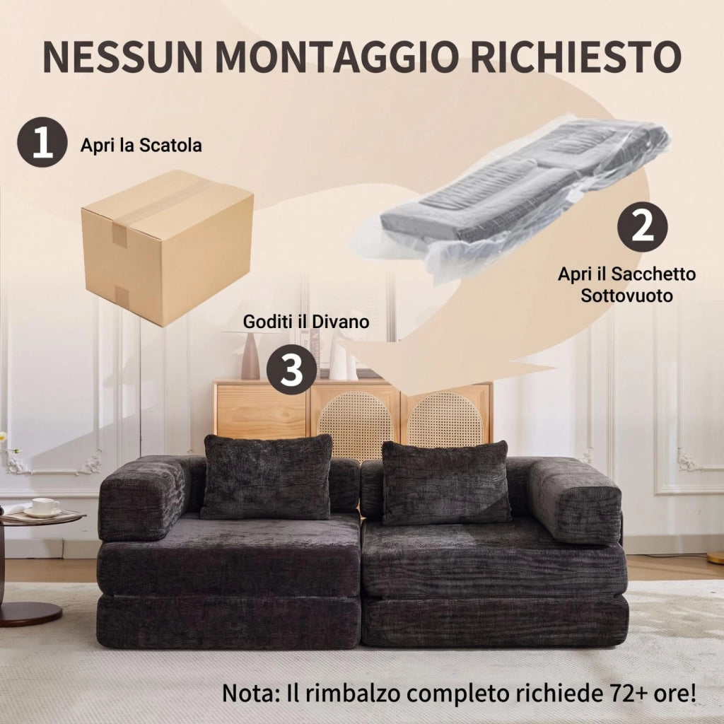 Divano compatto, divano letto pieghevole, moduli senza struttura, tessuto chenille, nero