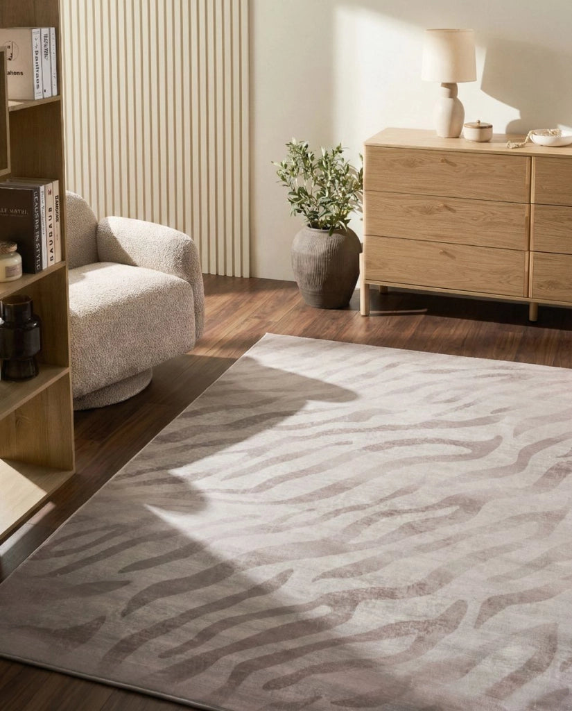 Tappeto tessuto beige 160 x 230 cm Moderno motivo zebrato Soggiorno Camera da letto Per riscaldamento a pavimento Fondo antiscivolo