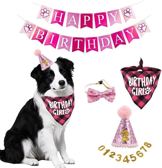 Set di bandane per cani, 5 pezzi, decorazione per compleanno dei cani con 10 applicazioni bling, bandana e cappello con banner "Auguri di compleanno" per cani piccoli, medi e grandi (rosa)