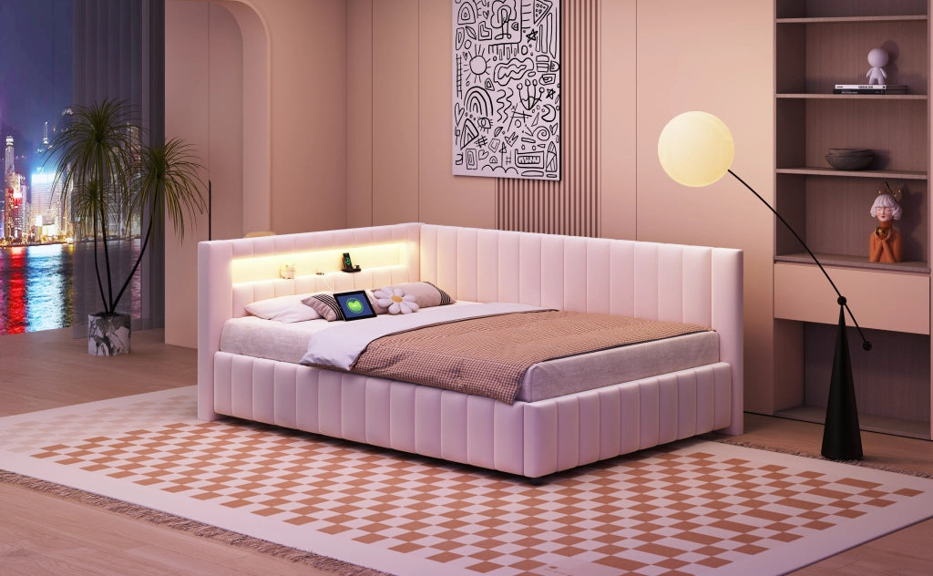 DESMIU Letto divano 140 × 200 cm 2 posti con LED, USB, schienale e testiera, senza materasso, beige