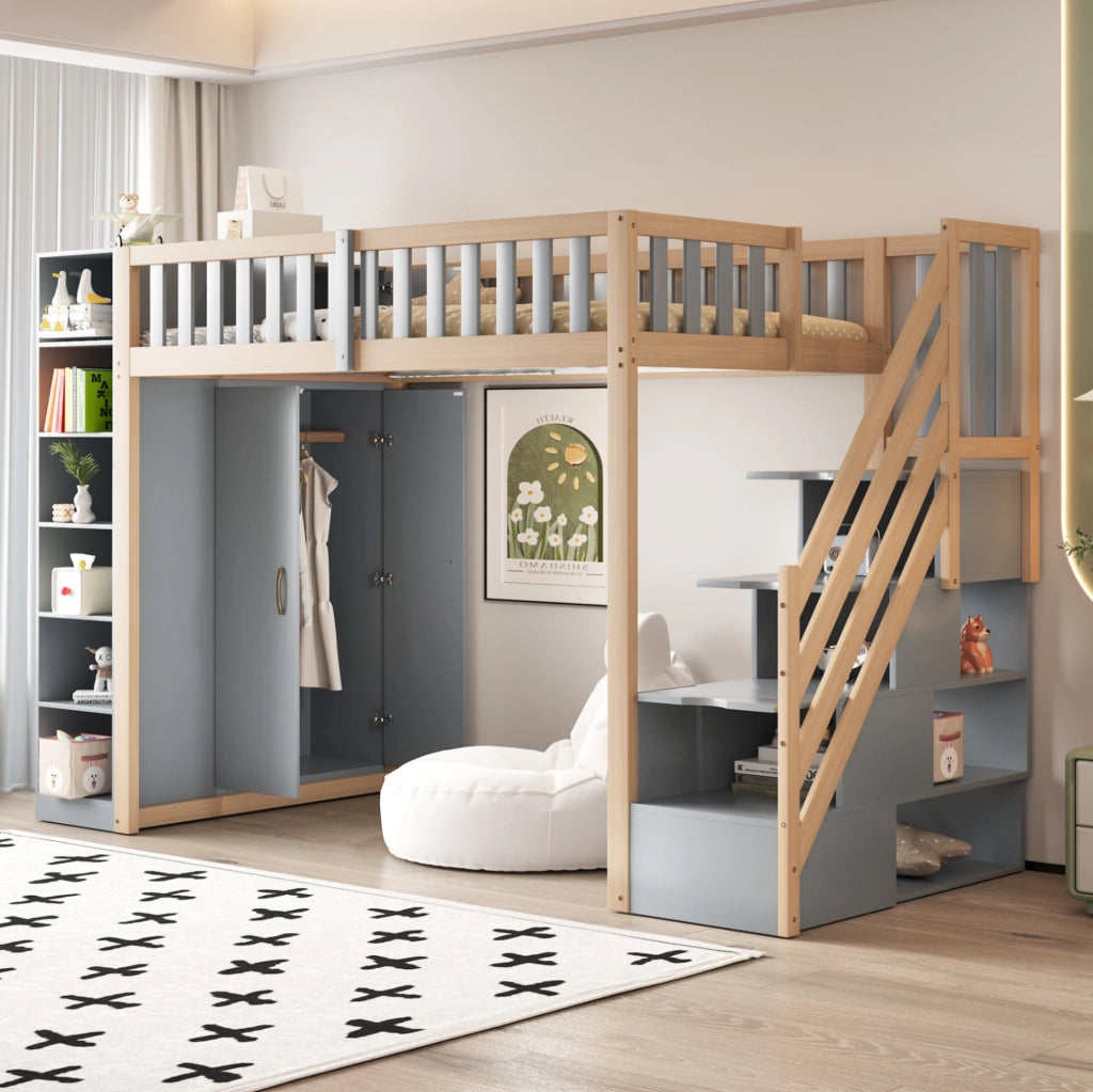 Letto a soppalco 90x200 cm in legno con armadio; scaffali e scala con vani; grigio e legno naturale