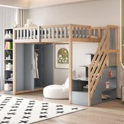 Letto a soppalco 90x200 cm in legno con armadio; scaffali e scala con vani; grigio e legno naturale