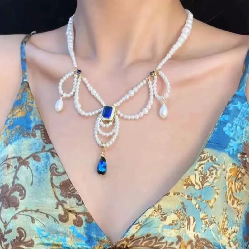 Collana vintage a pi¨´ strati con perle e gocce blu, regalo di Natale o compleanno.