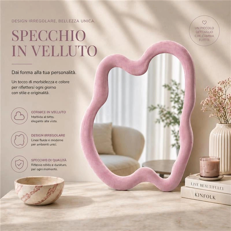SPECCHIO ONDULATO IN VELLUTO CON GANCI PER APPENDERE DIMENSIONI 70X90X4.5CM - LINEA: CIELO COLORE ROSA