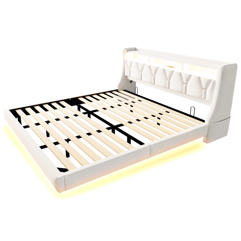 Letto imbottito 180x200 cm beige, velluto con testiera contenitore e LED