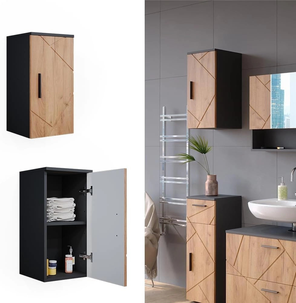 Mobile bagno Irma, Quercia dorata/antracite, 30 x 59 cm, adatto al montaggio a parete e combinabile con altri mobili Irma