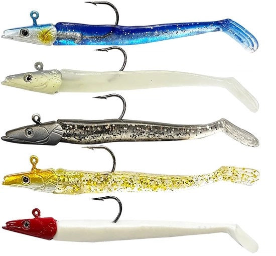 Kit di imitazioni di pesce 5 pezzi - Materiale plastico morbido - Imitazioni di pesce a coda a remo - Aletta oscillante - Attraente per pesci predatori - Effetto luminescente - Viti per attacco