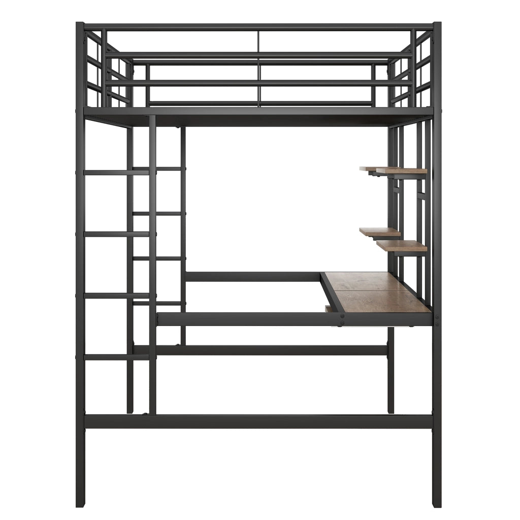 Letto a soppalco matrimoniale 140×200 cm con scrivania; 2 ripiani e scala; senza materasso; metallo; nero
