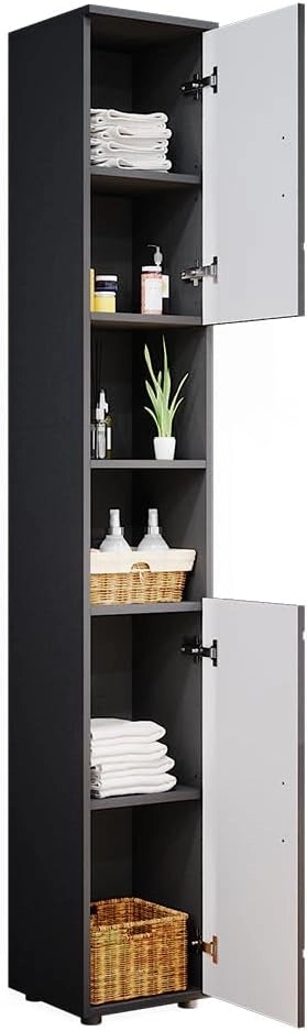 Mobile bagno alto Irma, Antracite lucido, 30 x 192 cm, per la conservazione di accessori da bagno e compatibile con la serie Irma
