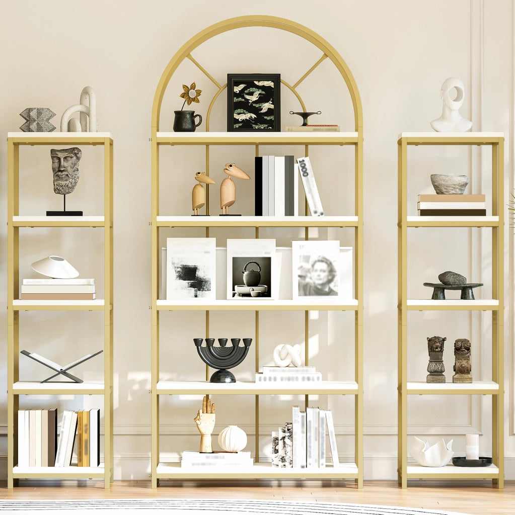 Libreria modulare a 3 pezzi 163x30x184 cm con struttura in metallo dorato e MDF bianco