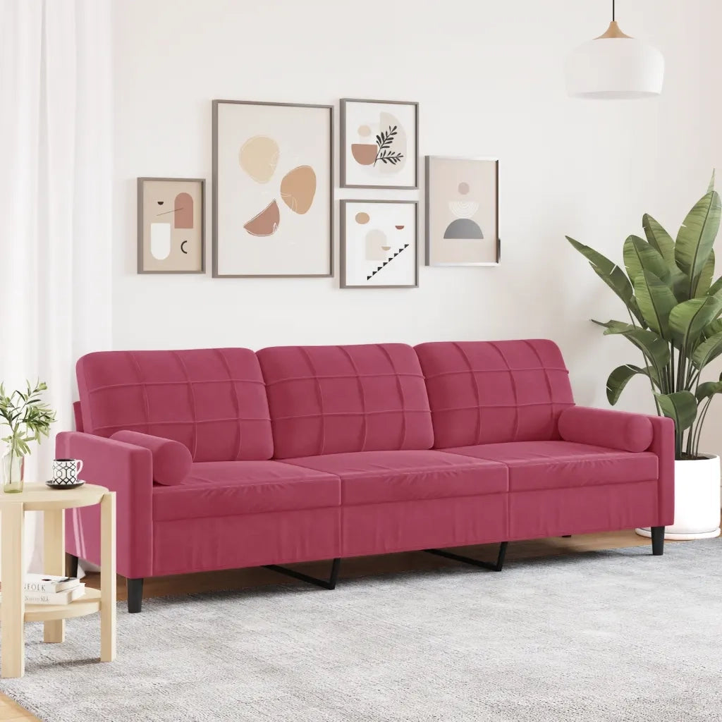 Divano a 3 Posti con Cuscini-Sofa 3 Posti con Cuscini Rosso Vino 210 cm in Velluto