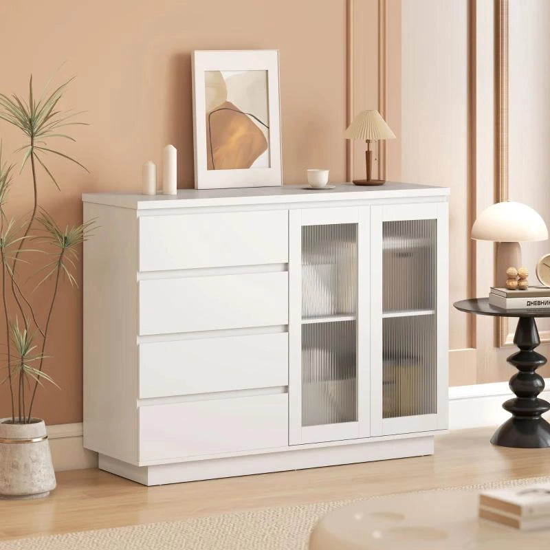 CREDENZA BUFFET IN LEGNO CON 4 CASSETTI E ARMADIETTO CON ANTE IN VETRO E RIPIANI REGOLABILI, 120X40X91 CM, BIANCO