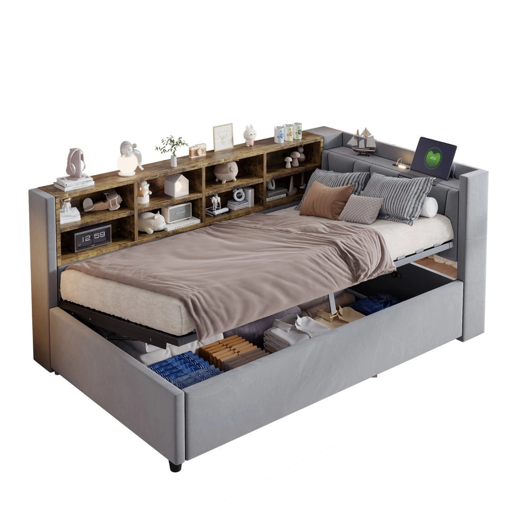 Letto Imbottito Contenitore 90x200 con Testiera, LED, USB ¨C MINIMAL ¨C Velluto Grigio Chiaro