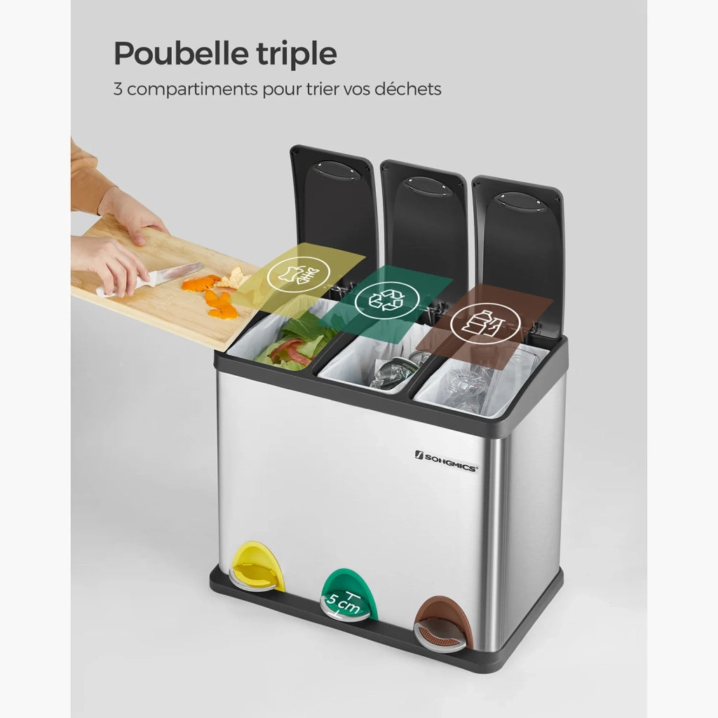 Pattumiera da cucina resistente con pedali e 3 scomparti 46,5 x 29,5 x 40,5 cm per la raccolta differenziata in acciaio inox grigio 12_0007236