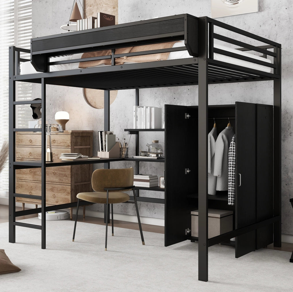Letto a soppalco con scrivania, armadio integrato e spazio contenitivo