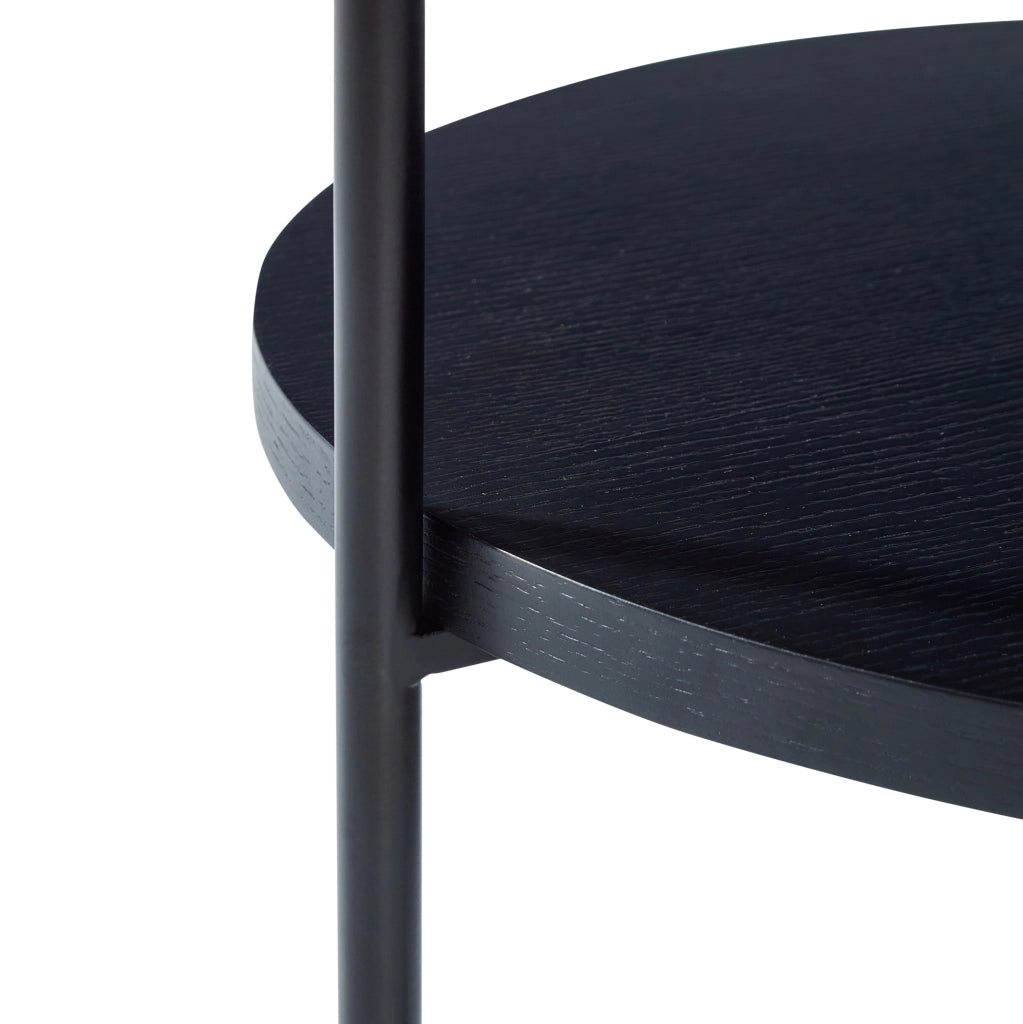 Tavolino rotondo nero a 2 ripiani in legno e metallo