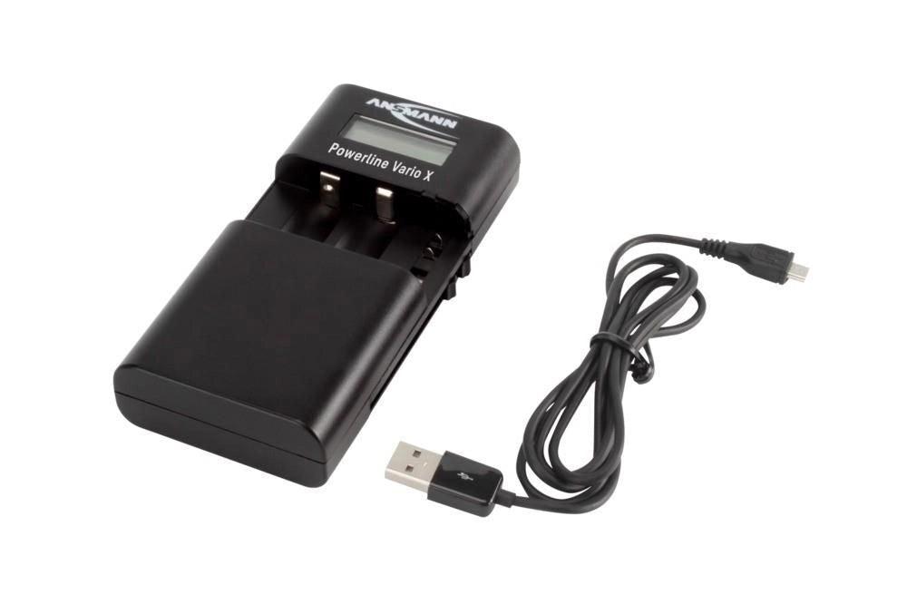 Ansmann 1001-0085 Powerline Vario X Caricatore Universale per Batterie Li-Ion Li-Po e NiMH 3 Canali di Carica Display LCD Alimentazione 5 V via USB colore Nero