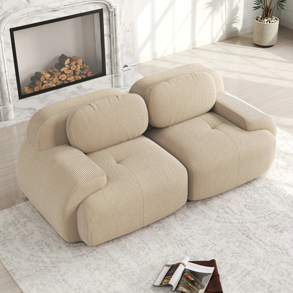 Divano angolare modulare 208x103x70 cm in tessuto effetto velluto a coste; beige