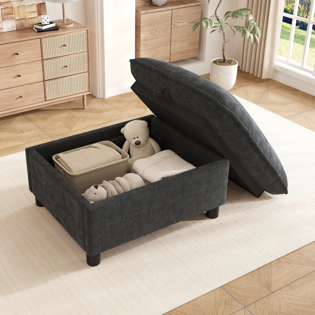 Pouf poggiapiedi contenitore imbottito in ciniglia grigio con telaio in ferro e legno 98 × 65 × 48 cm