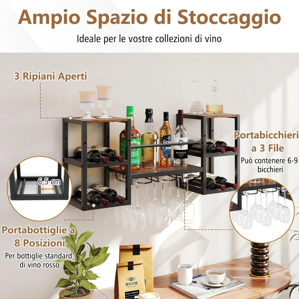Portabottiglie da Parete con Porta Bicchieri, Struttura in Metallo per 8 Bottiglie con Ripiano Aperto, Scaffale da Muro a 3 Livelli per Sala da Pranzo e Cucina, 89 x 25 x 40 cm