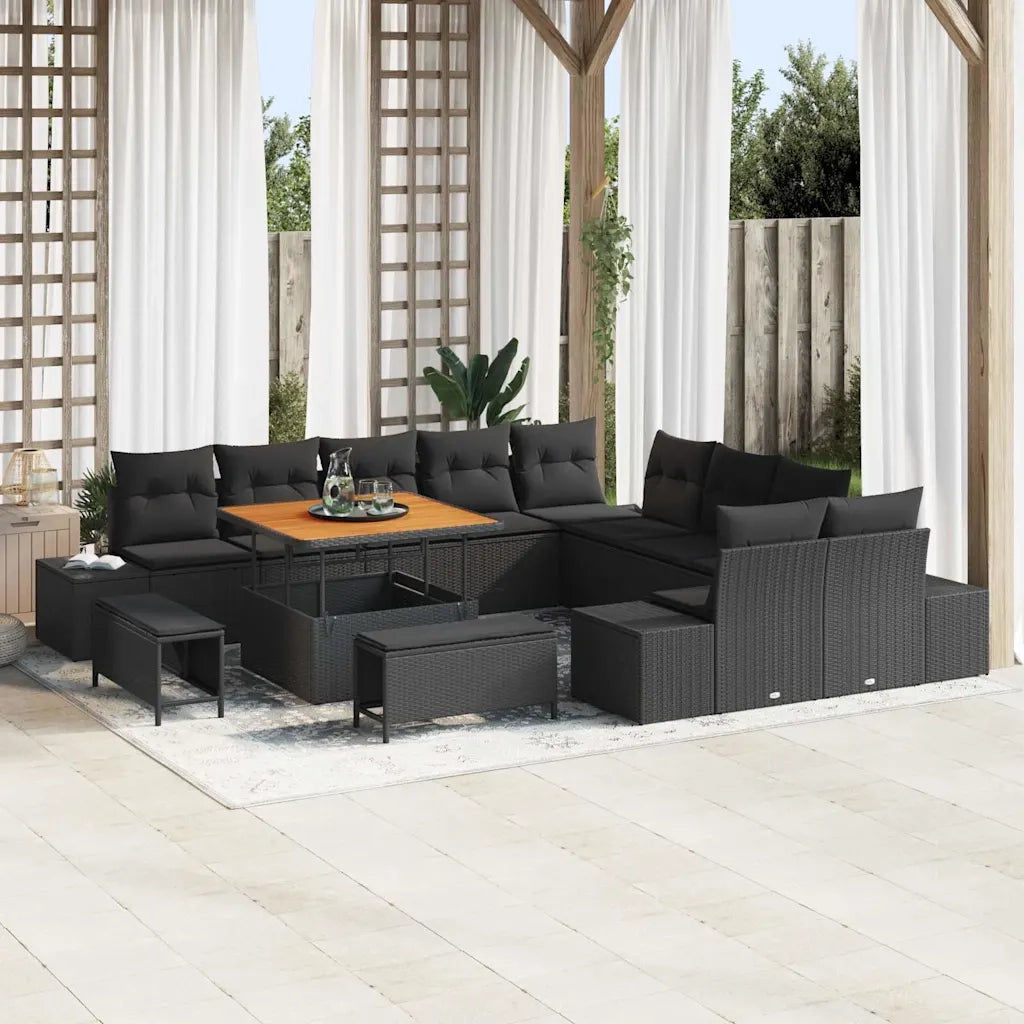 Set Divano da Giardino con cuscino 13 pcs Nero Poly Rattan
