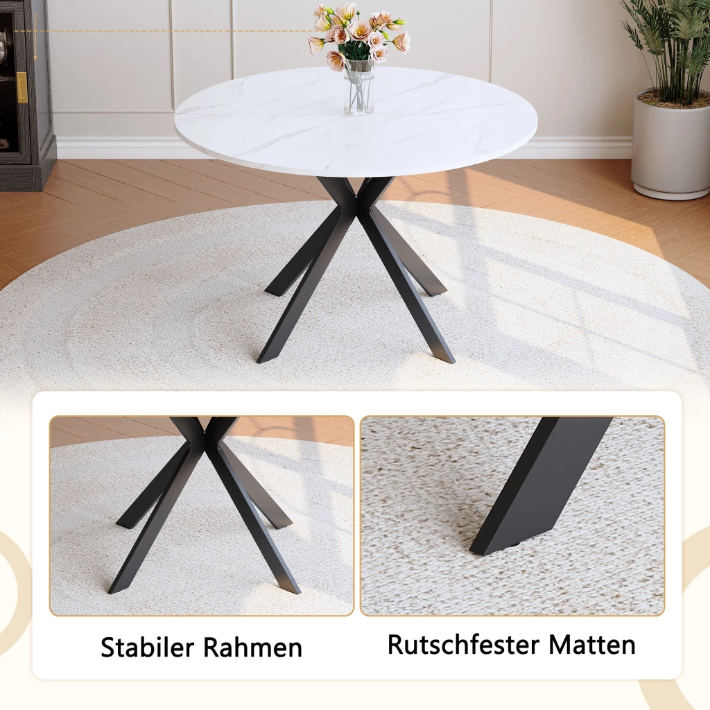 Tavolo da pranzo rotondo con piano effetto marmo bianco in MDF e base a X nera diametro 110 cm