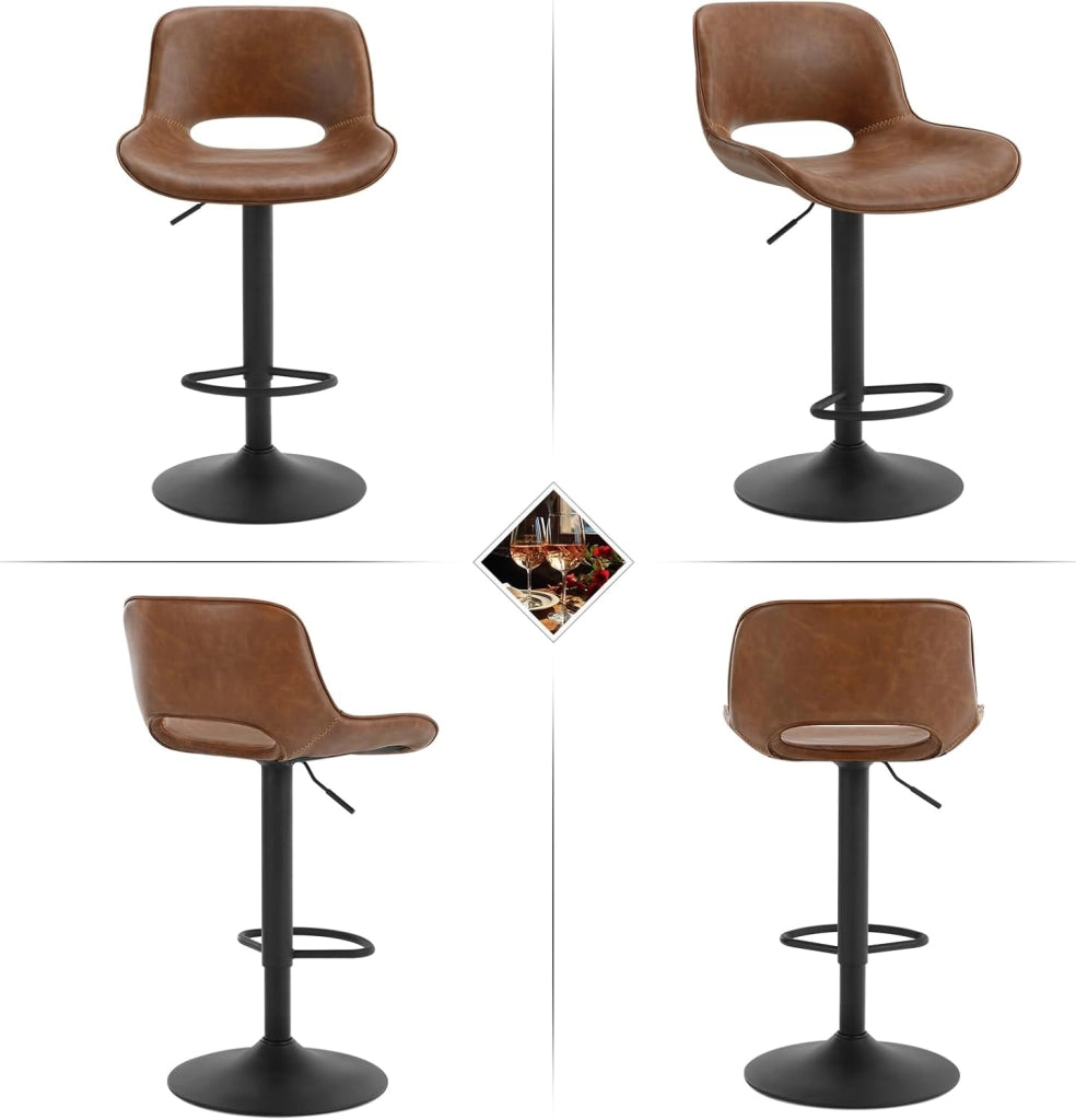 Set di 2 Sgabelli da Cucina, Sedie da Bar in PU, Sgabelli Altezza Regolabile, con Schienale, Seduta Imbottita Girevole a 360°, per Bistrot, Pub, Base in Metallo, Marrone